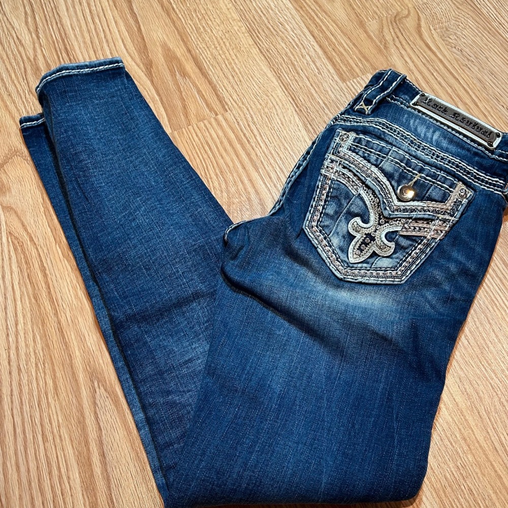 Rock Revival Codee Skinny Jeans‎ Dark Wash Thick Stitch Fleur De Lis Size 27